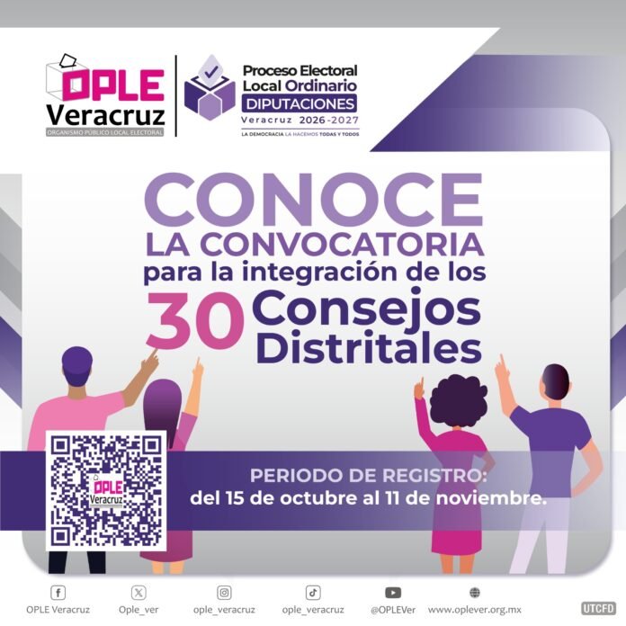 OPLE Veracruz lanza convocatoria para participar en los Consejos Distritales